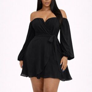 AKIRA Black Off-Shoulder Long Sleeve Dress | Cinched Waist Flowy Skirt | Size L